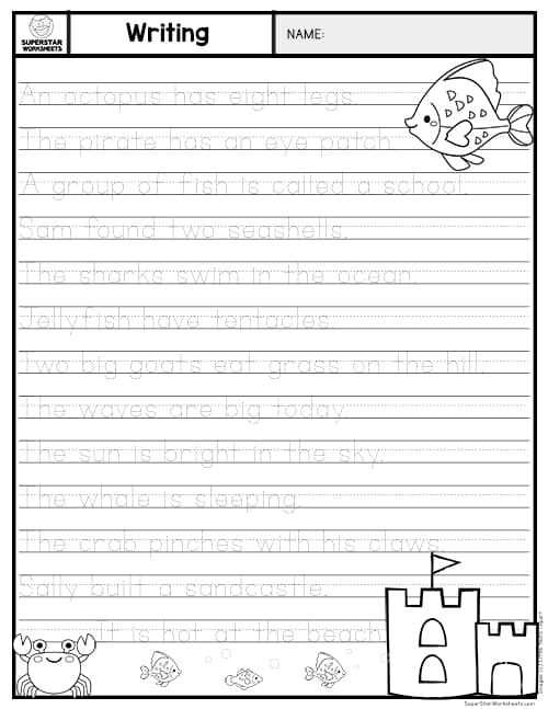 Kindergarten worksheet for practicing reading and tracing simple sentences about numbers and counting