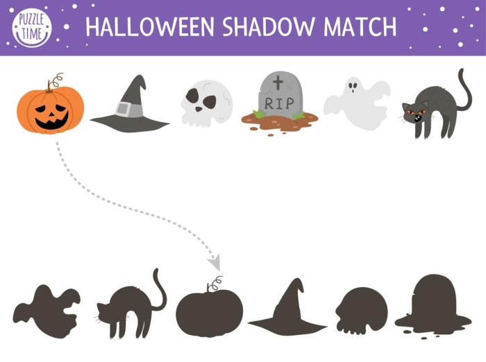 Kindergarten reading worksheet featuring a trick-or-treat maze where children collect candy pieces along the path