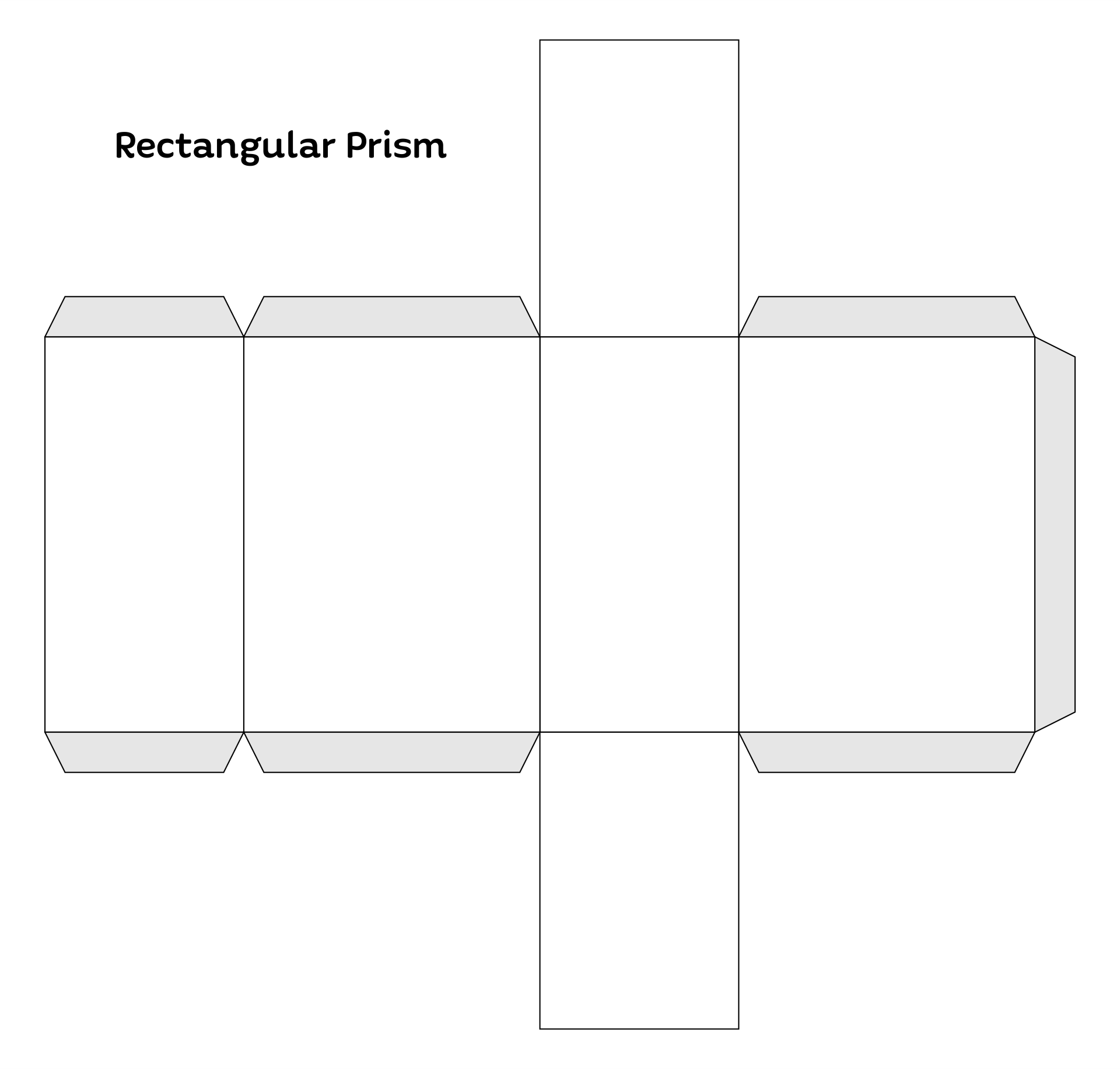 A printable rectangular prism net template with fold lines for students to cut out and assemble into a 3D shape