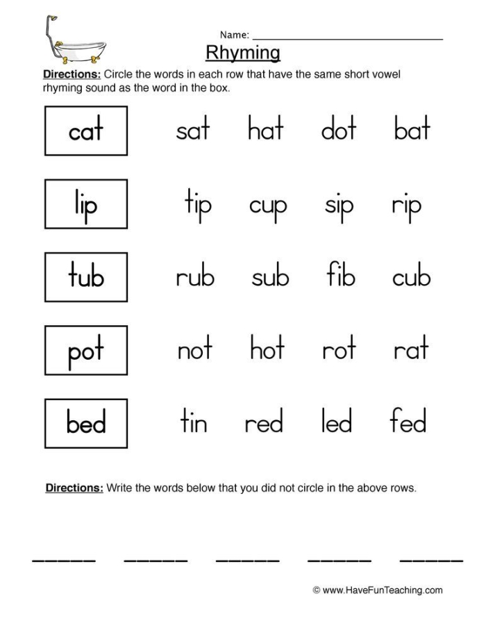 Find Rhyming Words Worksheet 6 Kindergarten Language Arts Activity Kindergarten student practicing rhyming sounds with a fun Find Rhyming Words worksheet activity