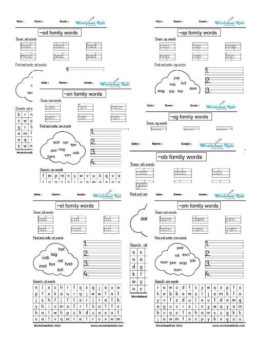 Returning Rhyme II Word Family Practice Worksheet for Kindergarteners Kindergarten worksheet focusing on reading and writing words that end in at, an, ap and ad sounds