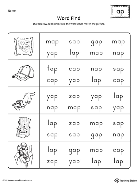 Returning Rhyme II Practice Sheet for Kindergarten Word Families 19 Kindergarten worksheet focusing on reading and writing words that end in at, an, ap, and ad sounds