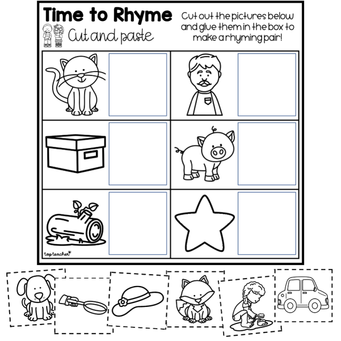 Kindergarten student completing a cut-and-paste rhyme matching worksheet for life science