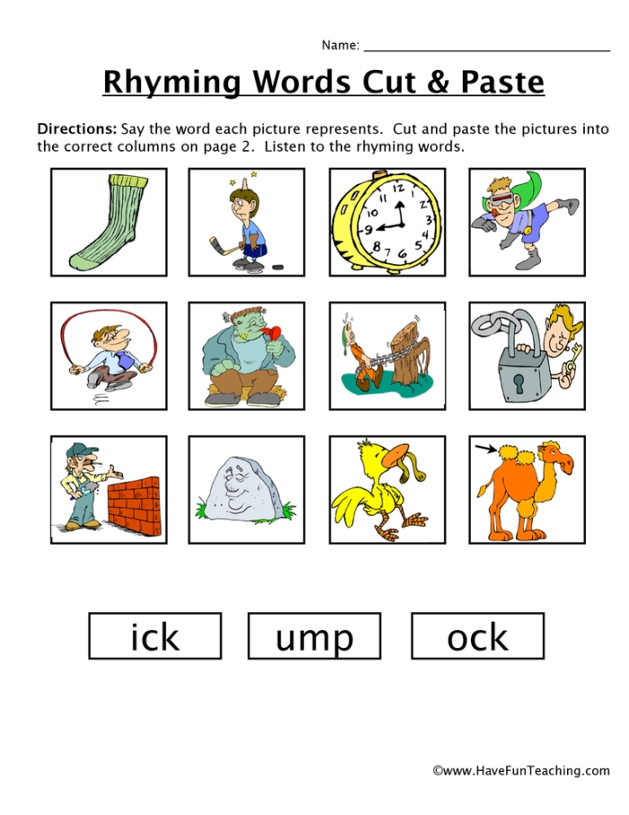 Kindergarten students practicing rhyming sounds with a life science themed cut-and-paste worksheet activity 24
