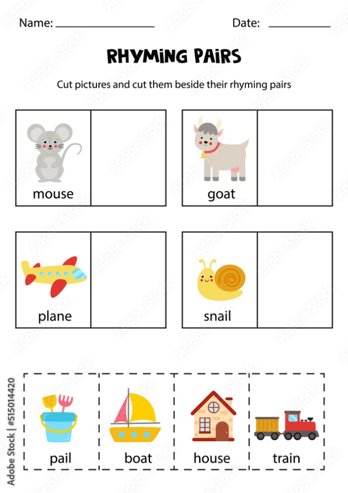 Kindergarten student working on a life science themed cut-and-paste rhymes worksheet