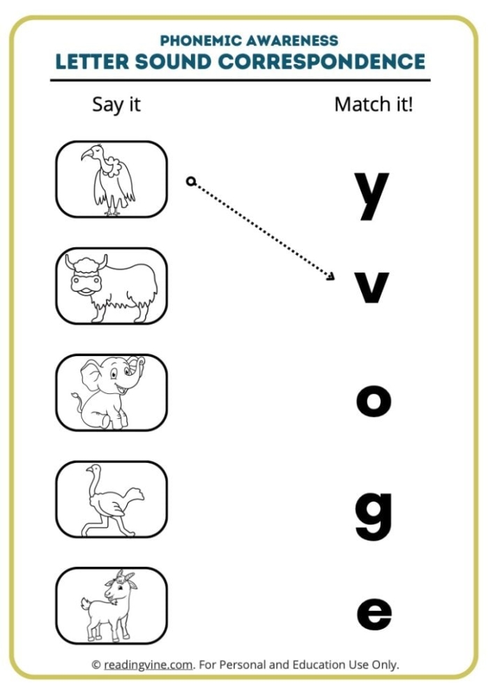 Worksheet for assessing kindergarten students' phonemic awareness of rhyming words