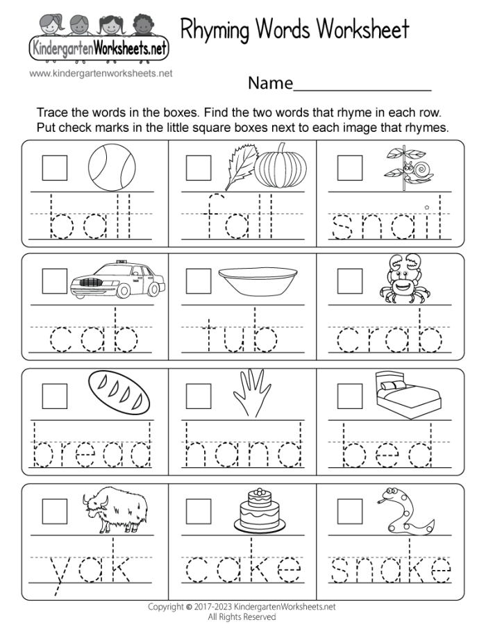 Kindergarten student completing a phonemic awareness rhyming words assessment worksheet