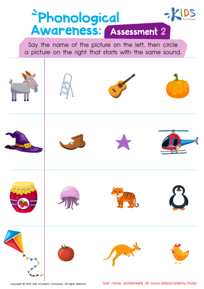 Worksheet assessing phonemic awareness through rhyming words for kindergarten students