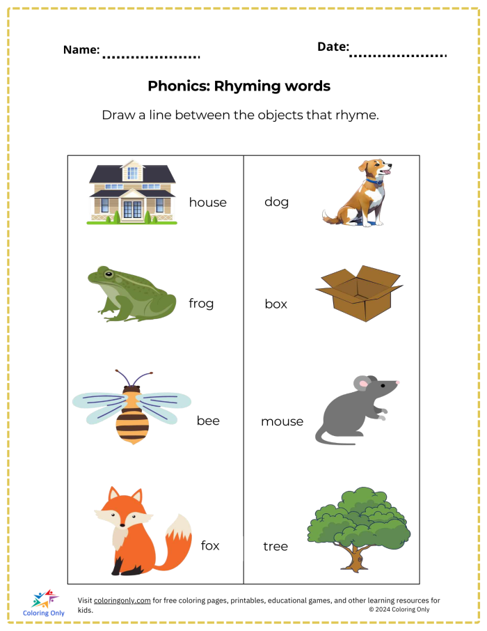 Find Rhyming Words Worksheet 25 for Kindergarten Language Arts Kindergarten student completing a worksheet on identifying rhyming words for the lesson on time and money
