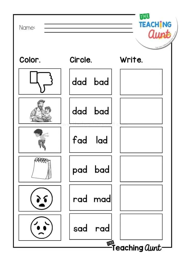 Returning Rhyme II worksheet image 16 showing beginning readers working with word family practice activities Kindergarten students practicing rhyming words ending in at an ap and ad sounds with colorful illustrations and writing spaces