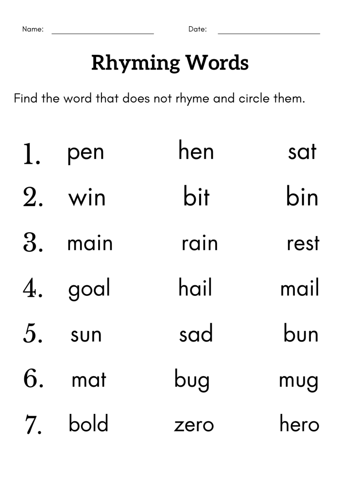 Find Rhyming Words Worksheet Activity Eighteen Kindergarten student completing a find rhyming words worksheet for a language arts activity