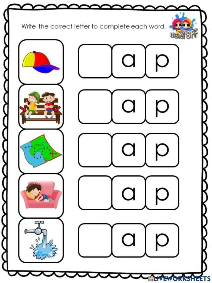 Returning Rhyme II Word Family Practice Worksheet 17 Kindergarten worksheet for practicing rhyming word families like at, an, ap and ad