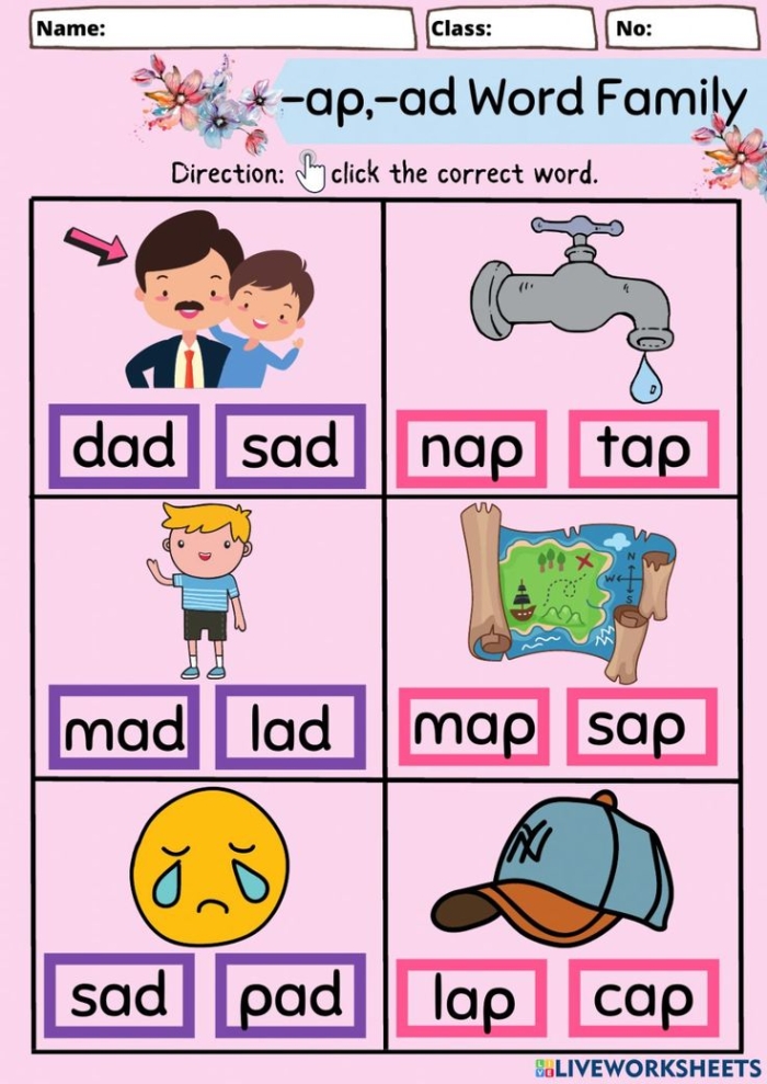 Returning Rhyme II Word Family Worksheet for Kindergarten Students 23 Kindergarten worksheet featuring exercises for practicing words ending in -at -an -ap and -ad sounds