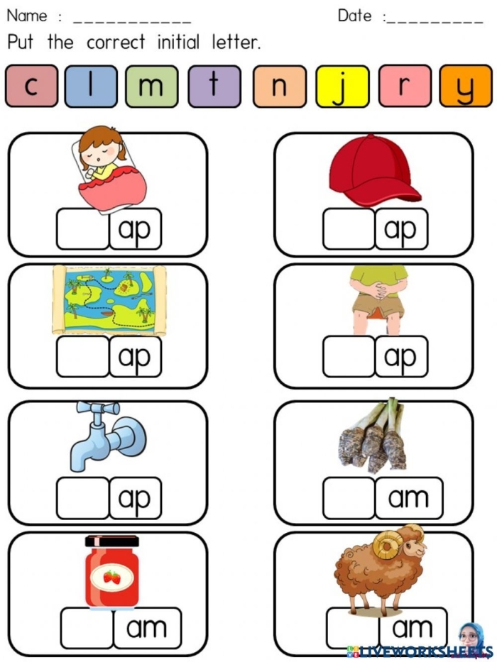 Returning Rhyme II worksheet image 6 showing beginning reader exercises for word family practice Kindergarten students practicing rhyming words with -at, -an, -ap, and -ad word families on a worksheet activity