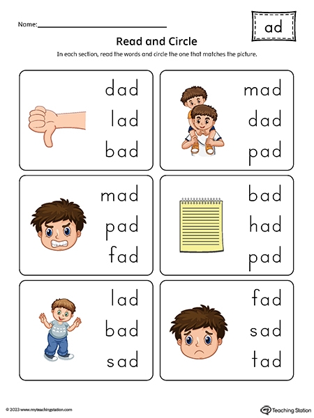 Returning Rhyme II worksheet image 20 showing beginning reader word family practice activities Kindergarten students practicing rhyming words ending in at, an, ap, and ad sounds with colorful illustrated examples