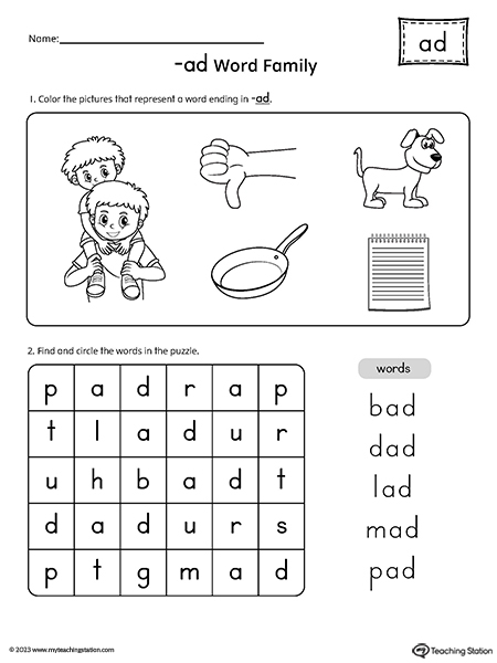Returning Rhyme II worksheet showing -at -an -ap -ad word family practice activities for beginning readers Kindergarten students practicing rhyming words with cat, fan, map and sad word families on a colorful worksheet