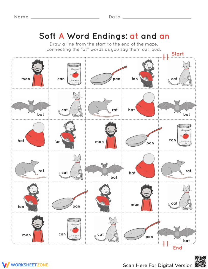 Returning Rhyme II worksheet showing -at -an -ap -ad word family practice for beginning readers Kindergarten students practicing rhyming words with cat, bat, man, and pan illustrations for the Returning Rhyme II worksheet
