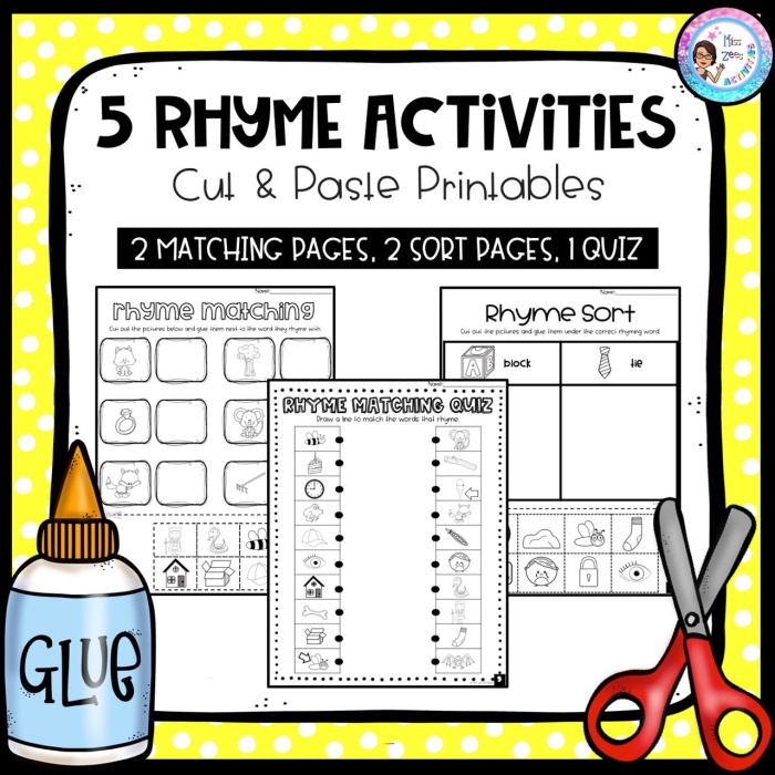 Kindergarten student cutting and pasting rhyming word pairs on a worksheet activity page