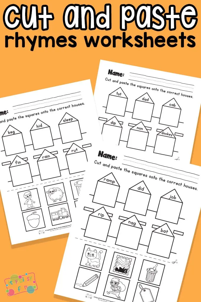 Kindergarten student cutting and pasting rhyming word pairs on a worksheet activity sheet