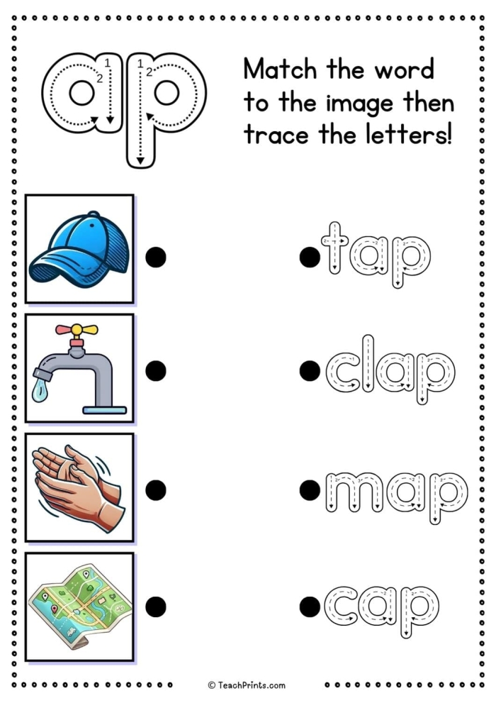 Returning Rhyme II worksheet image 14 showing word family practice exercises for beginning readers Kindergarten students practicing rhyming words ending in at, an, ap, and ad sounds with colorful illustrations and writing activities