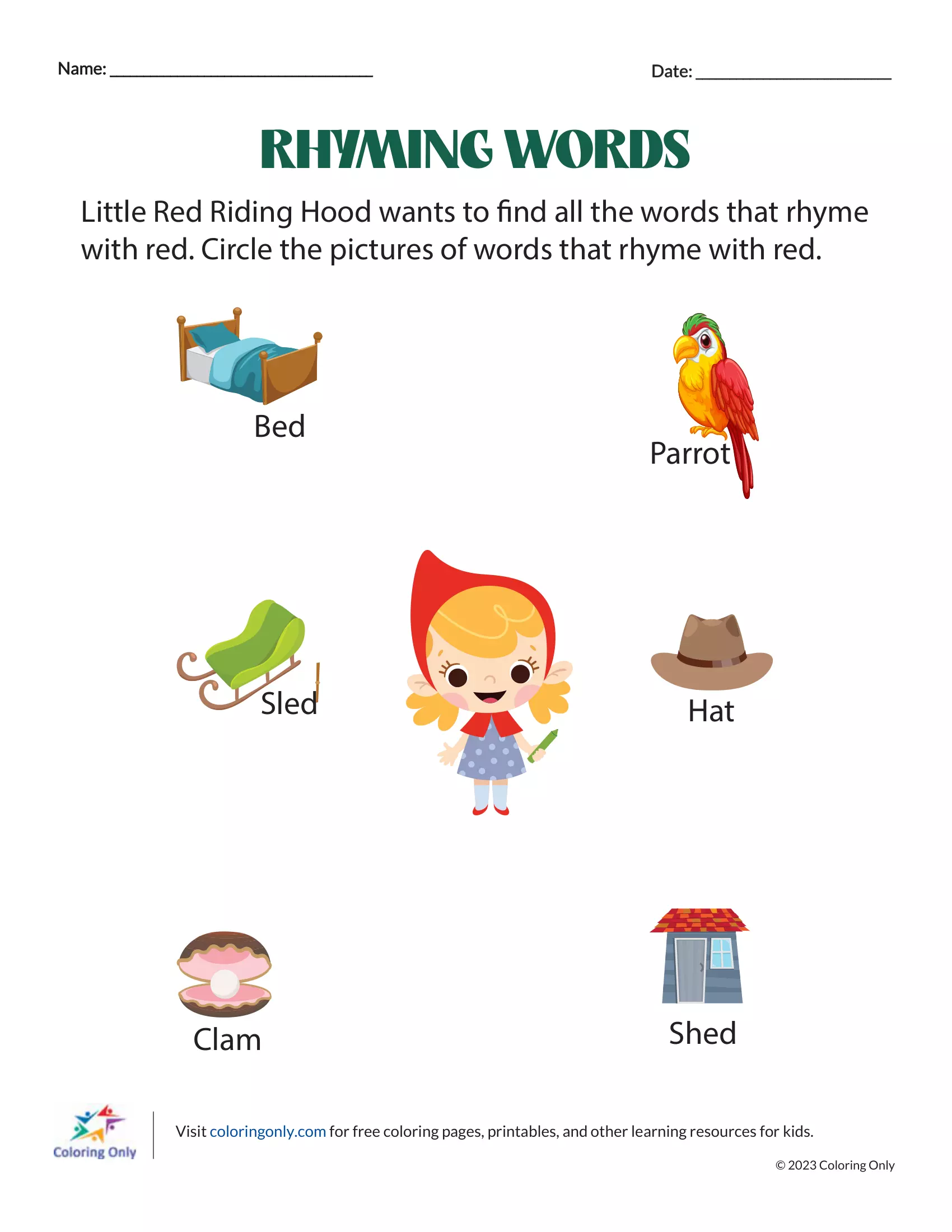 Find Rhyming Words Activity Worksheet Five Kindergarten student completing a worksheet on identifying rhyming words for a time and money lesson
