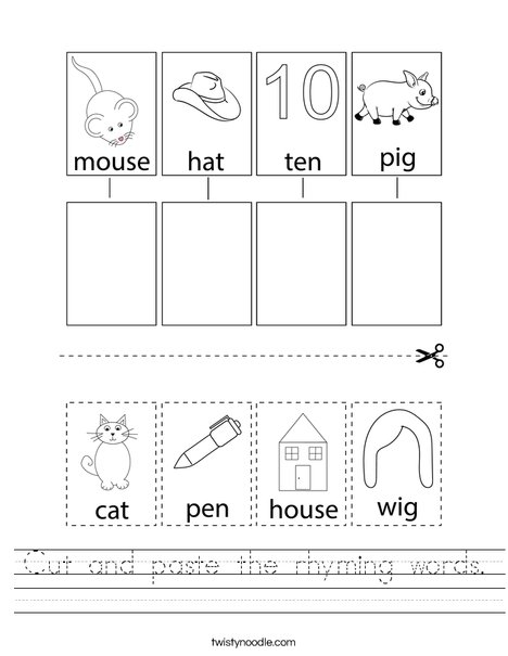 Kindergarten student cutting and pasting rhyming word pairs on a worksheet activity sheet