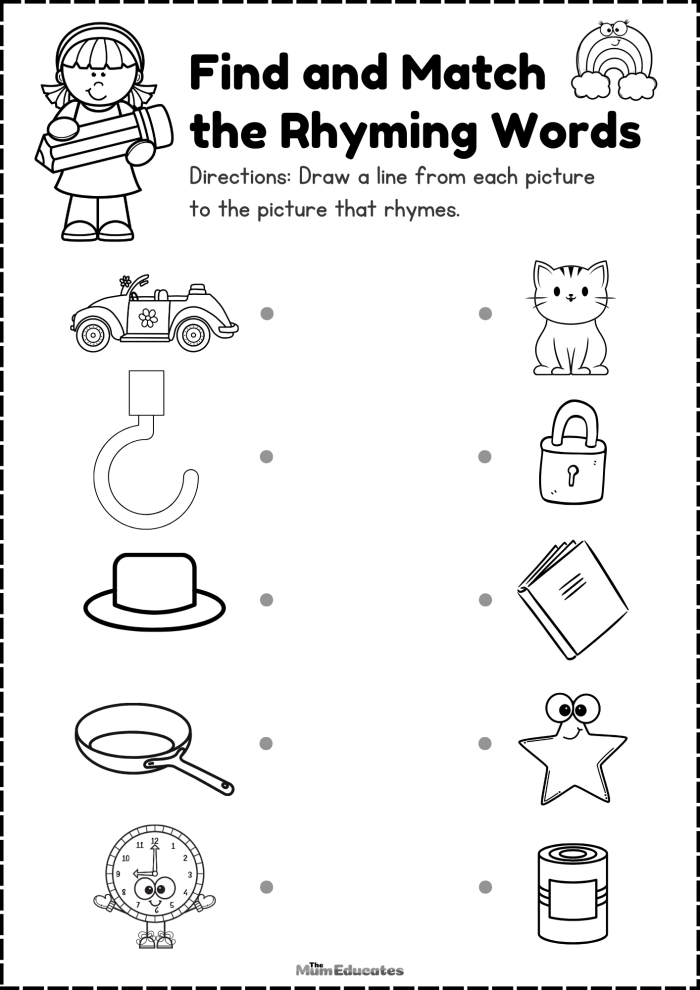 Find Rhyming Words Worksheet Activity 20 Kindergarten student completing a worksheet to find rhyming words for a time and money lesson