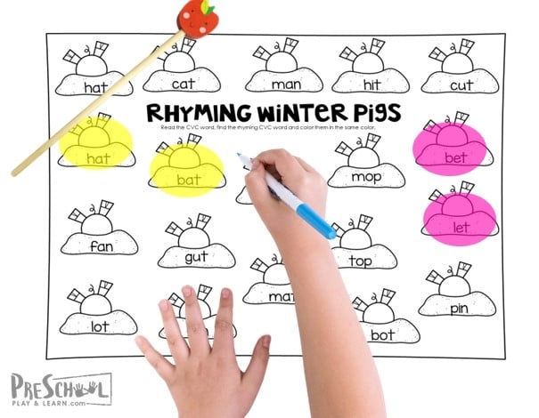 Kindergarten worksheet for assessing phonemic awareness by identifying rhyming word pairs