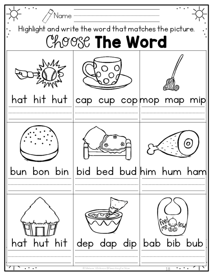Worksheet showcasing phonemic awareness through rhyming words for kindergarten students