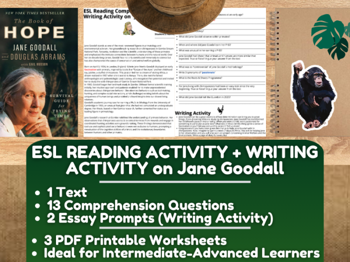 Kindergarten student holding an All About Jane Goodall reading worksheet for science and literacy practice