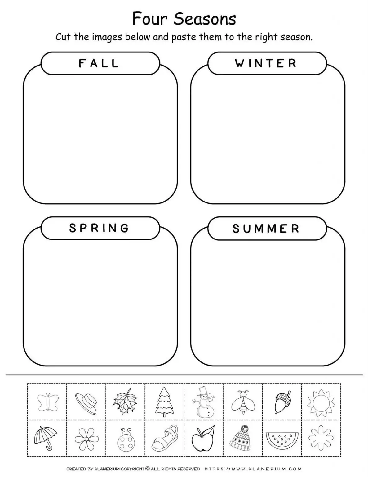 Kindergarten student matching seasonal shapes to winter, spring, summer, and fall pictures with coloring activity