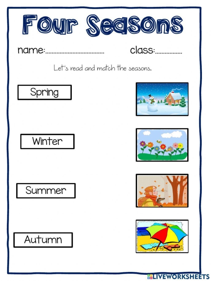 Kindergarten student matching seasonal shapes to winter, spring, summer, and fall pictures for a cut and paste activity