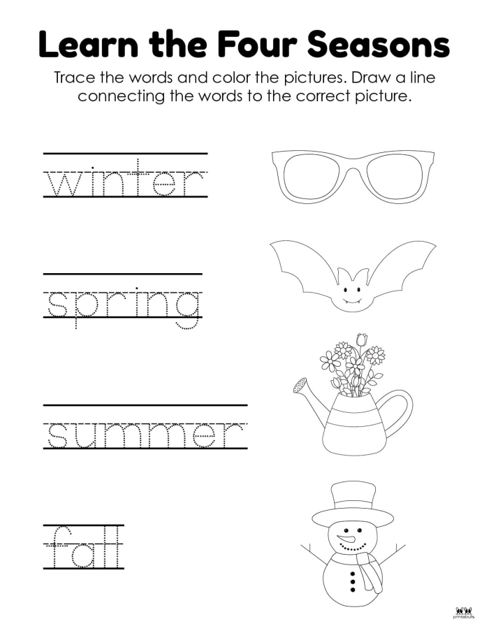Kindergarten worksheet showing colorful seasonal pictures with cut-out shapes to match for spring, summer, fall, and winter learning activities