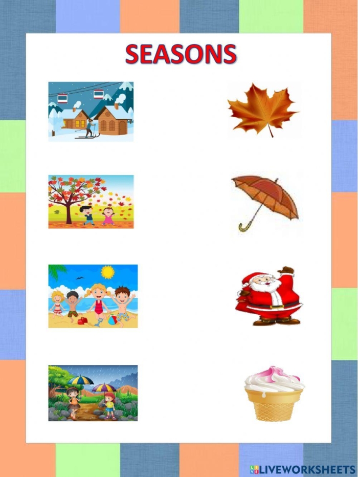 Kindergarten student cutting and pasting seasonal objects into the correct weather category on a data worksheet