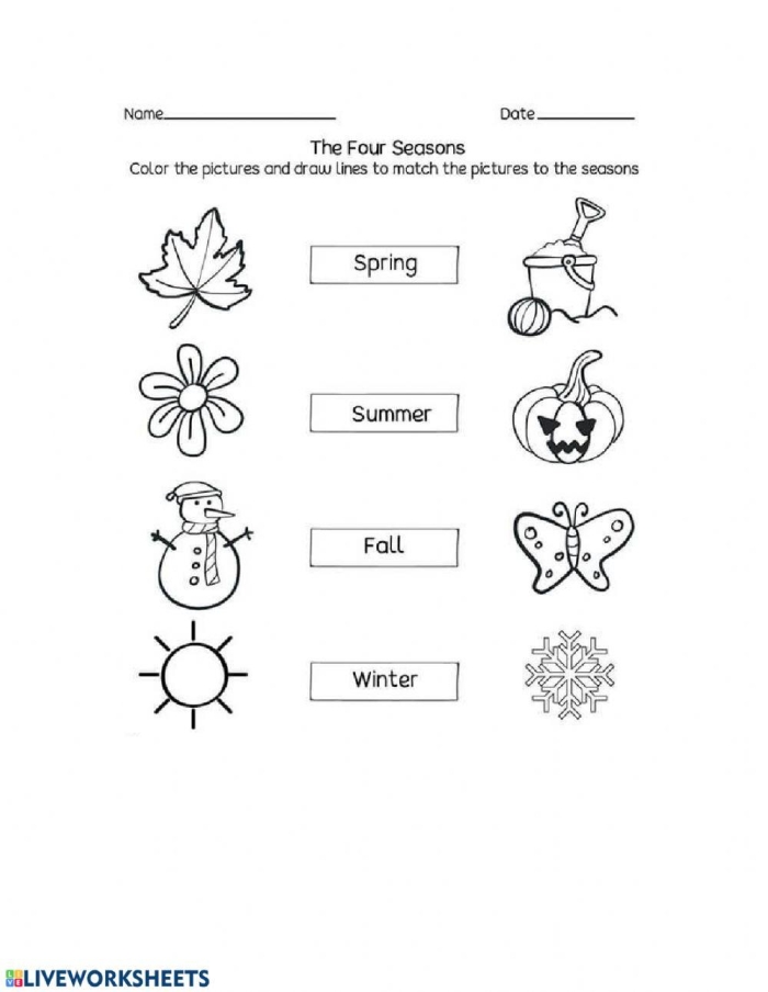 A kindergarten worksheet showing seasonal matching activity with colorful shapes to cut and sort by season