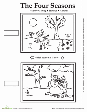 Four Seasons Activity Placemat worksheet for Kindergarten featuring seasonal illustrations to color