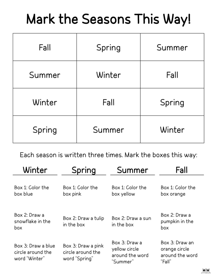 Images of the Four Seasons Activity Placemat worksheet for Kindergarten students illustrating each season with space for coloring. Engaging Four Seasons Activity Placemat worksheet for kids to learn about seasons while creating a placemat.