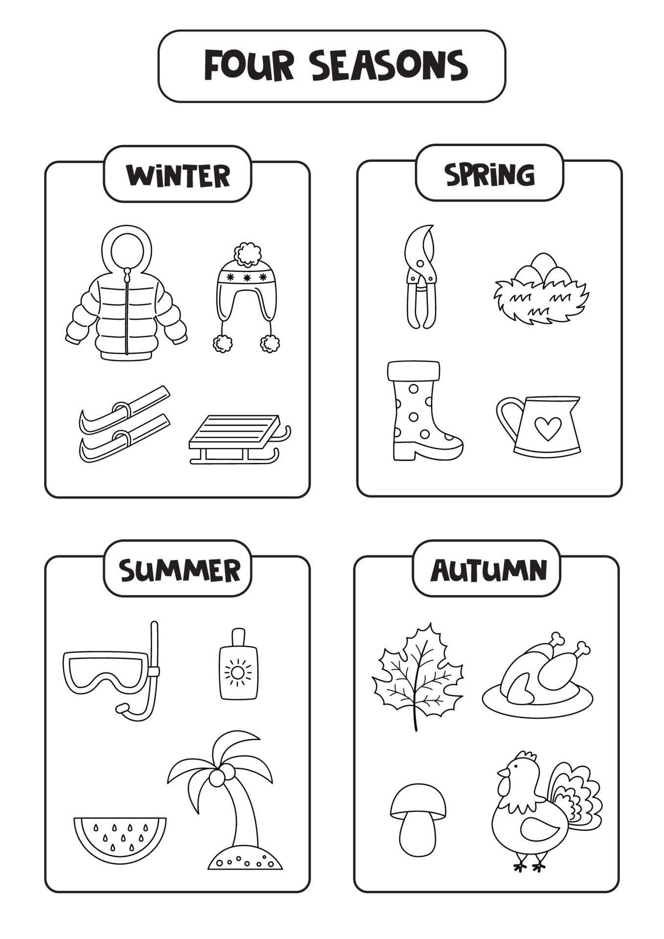Kindergarten worksheet featuring a four seasons activity placemat for children to label and color