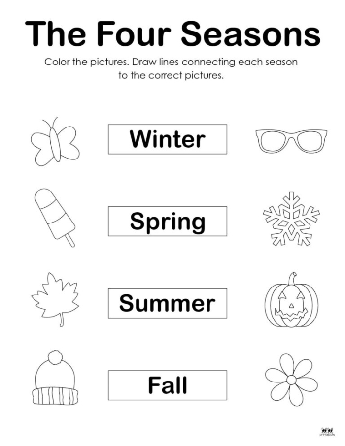 Earth and Space Science worksheet for Kindergarten A colorful worksheet for kindergarteners to explore and match the four seasons with their corresponding images. Discover the changing weather patterns with this engaging seasons activity.