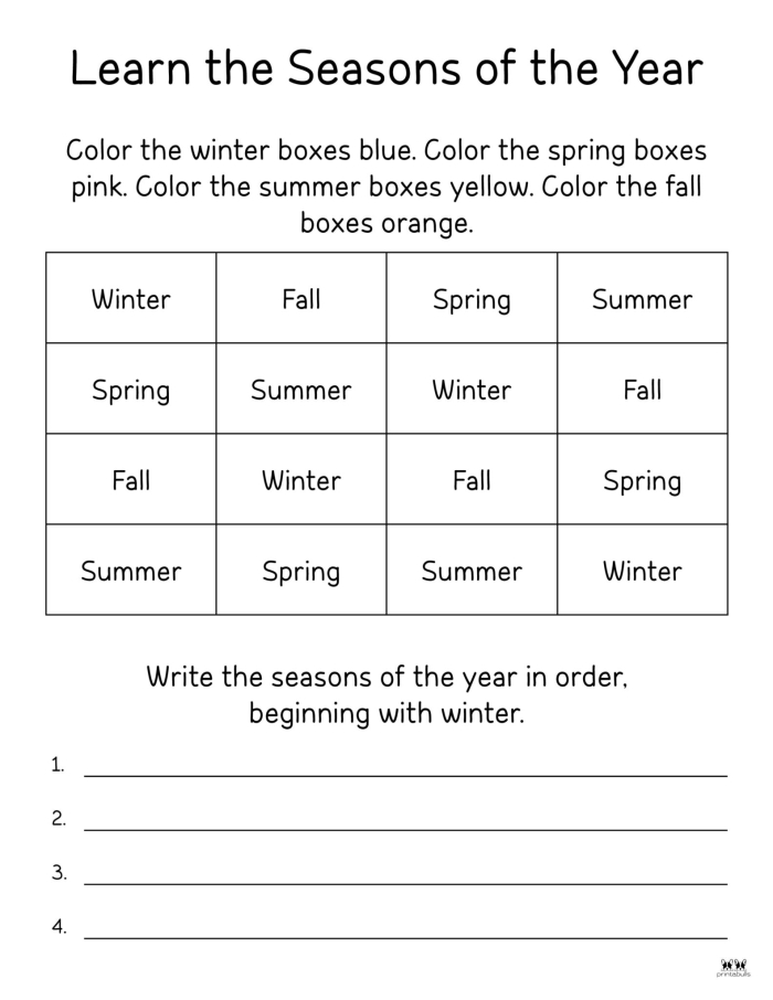 Earth and Space Science worksheet for Kindergarten Colorful illustrations of the four seasons for kindergarten students to match with their corresponding weather images. Engaging worksheet for learning about seasonal changes in Earth and Space Science.