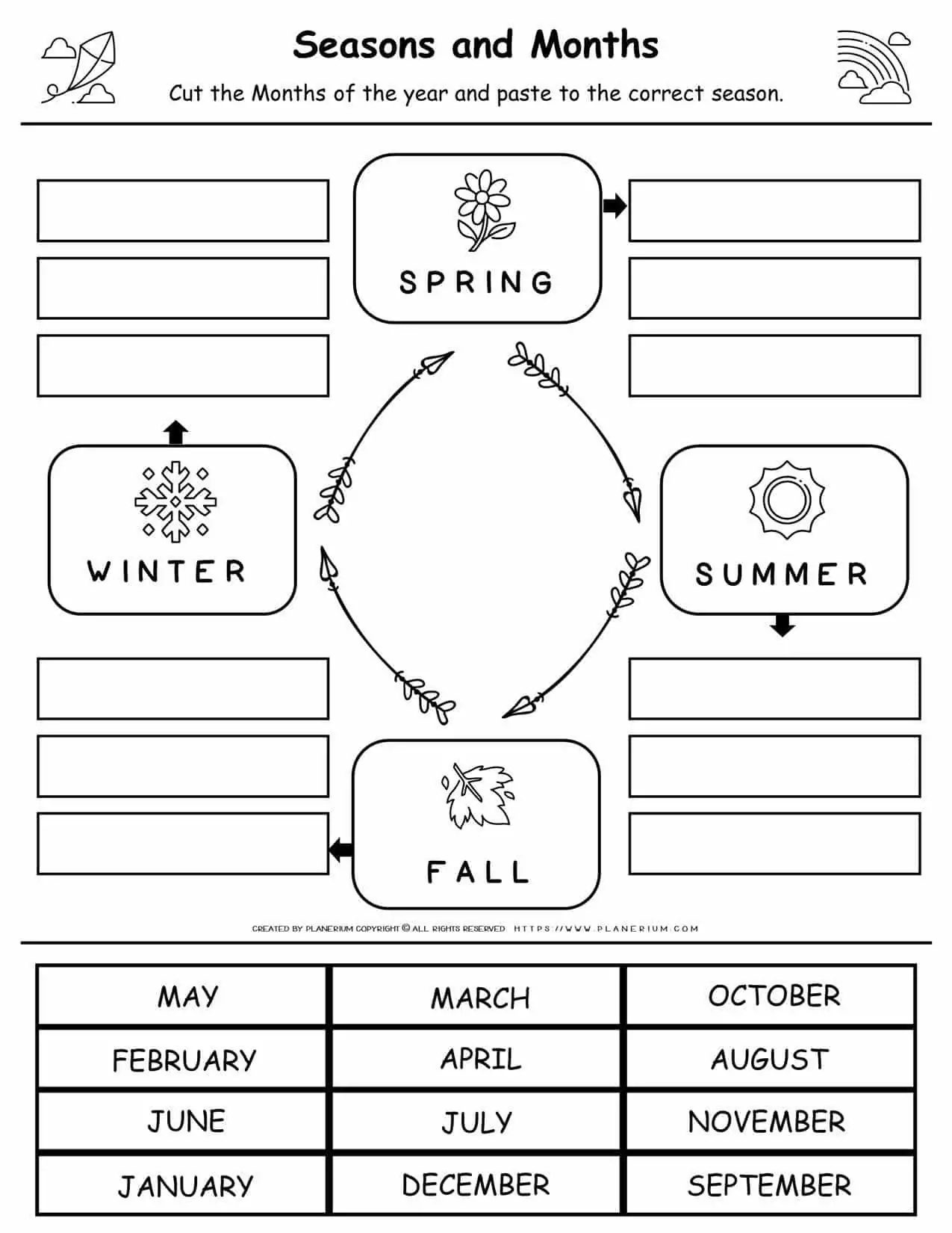 Seasons and Months Worksheet Number 17 Activity Kindergarten student matching calendar months to the correct seasonal category on a worksheet
