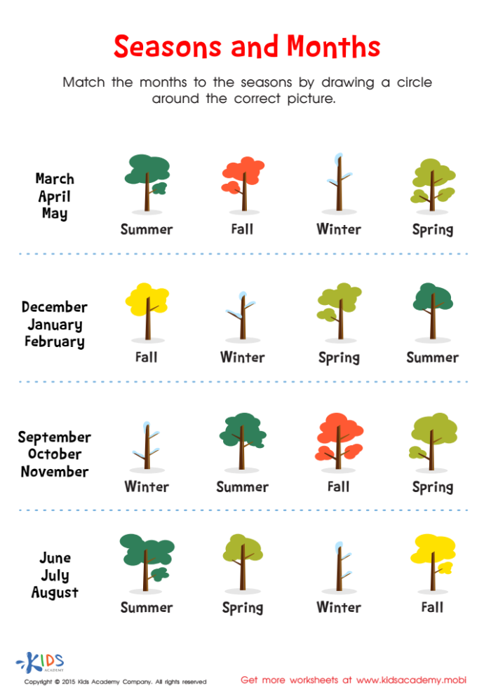 Seasons and Months Match-Up Activity for Young Learners Kindergarten student matching seasons to months with fall winter spring and summer pictures