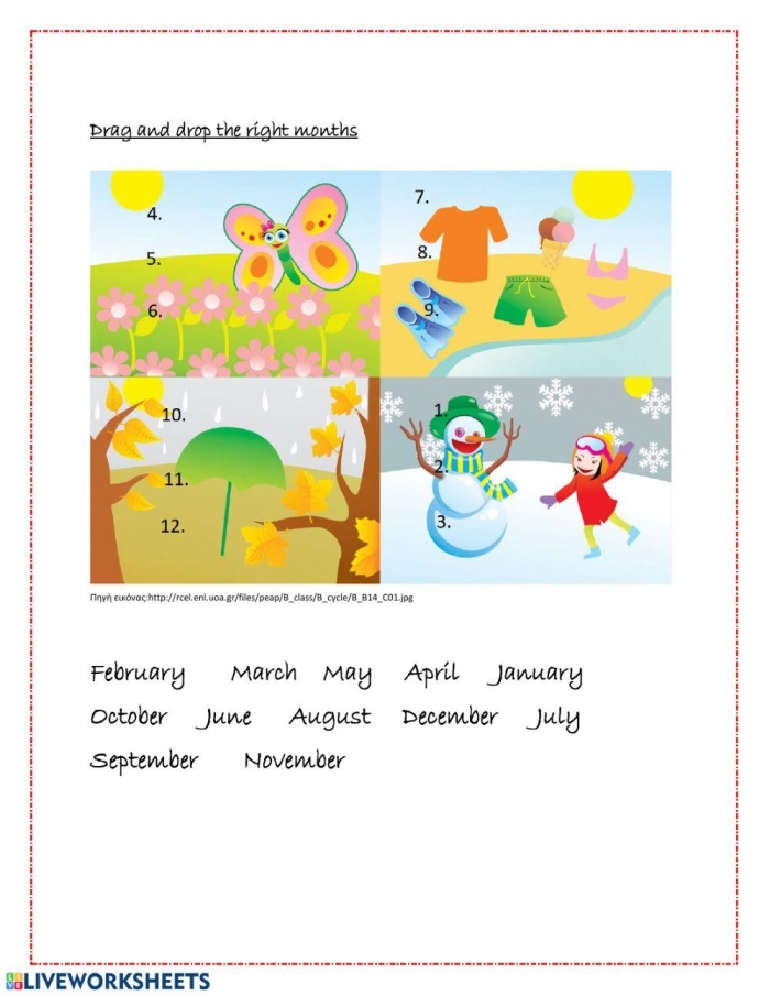 Seasons and Months Match-Up Activity for Young Learners Kindergarten student matching seasons to months with fall winter spring and summer pictures