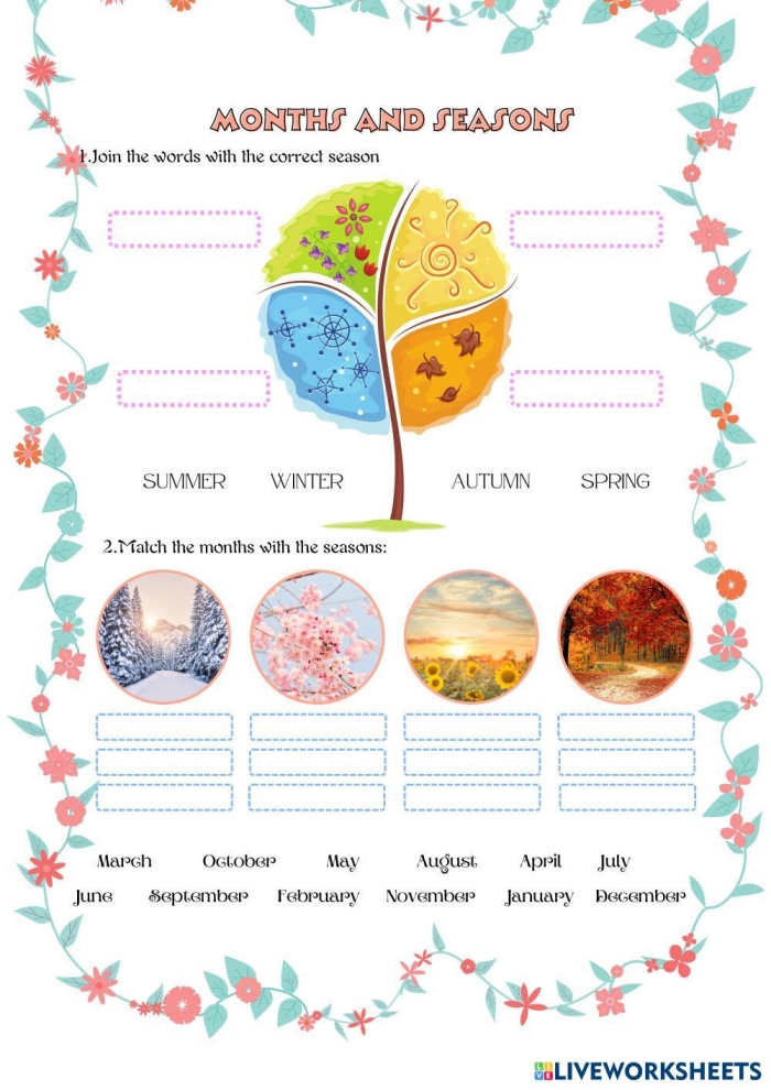 Seasons and Months Match-Up Learning Exercise for Young Learners Kindergarten student matching seasons to months on a colorful worksheet activity