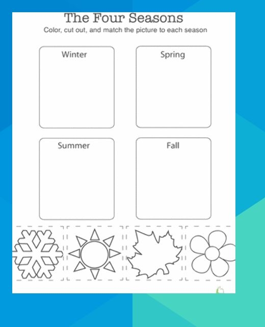 Kindergarten student matching seasonal shapes to winter, spring, summer, and fall pictures with coloring activity