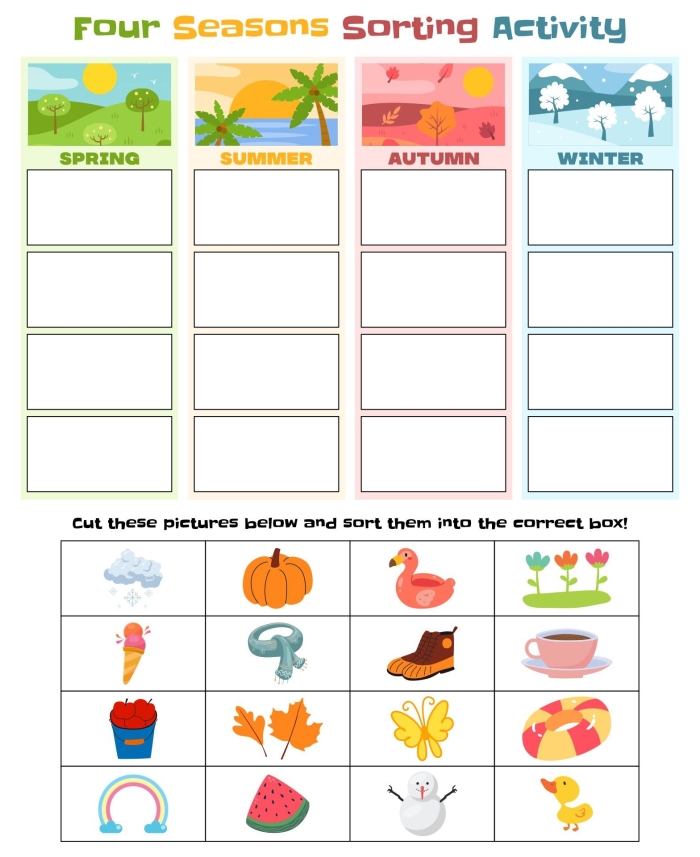 Colorful Four Seasons Activity Placemat worksheet for kindergarten students