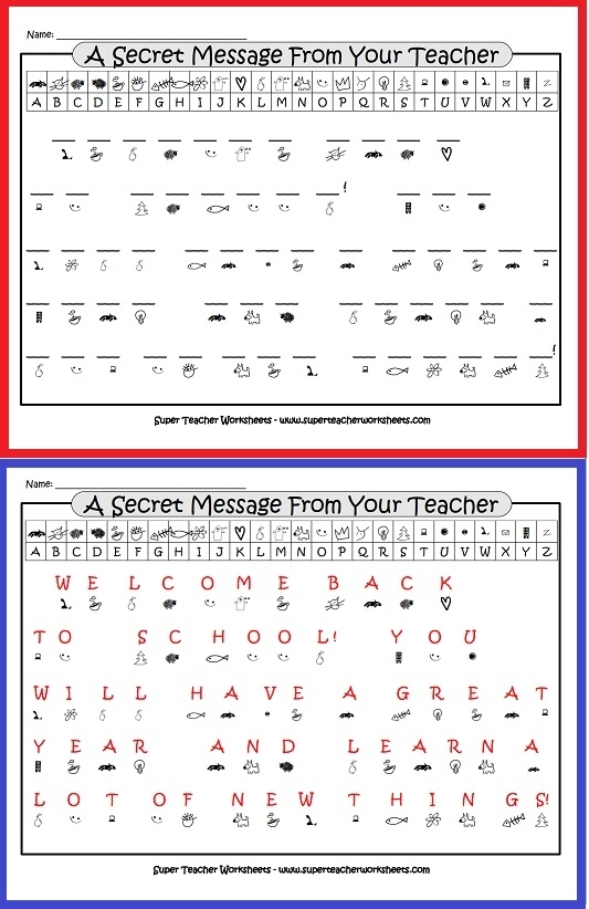 Kindergarten student solving a secret message puzzle worksheet