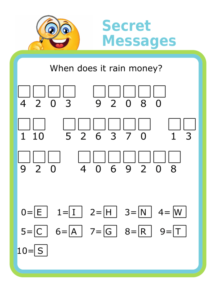 Kindergarten student solving a letter-coded secret message 2 worksheet puzzle