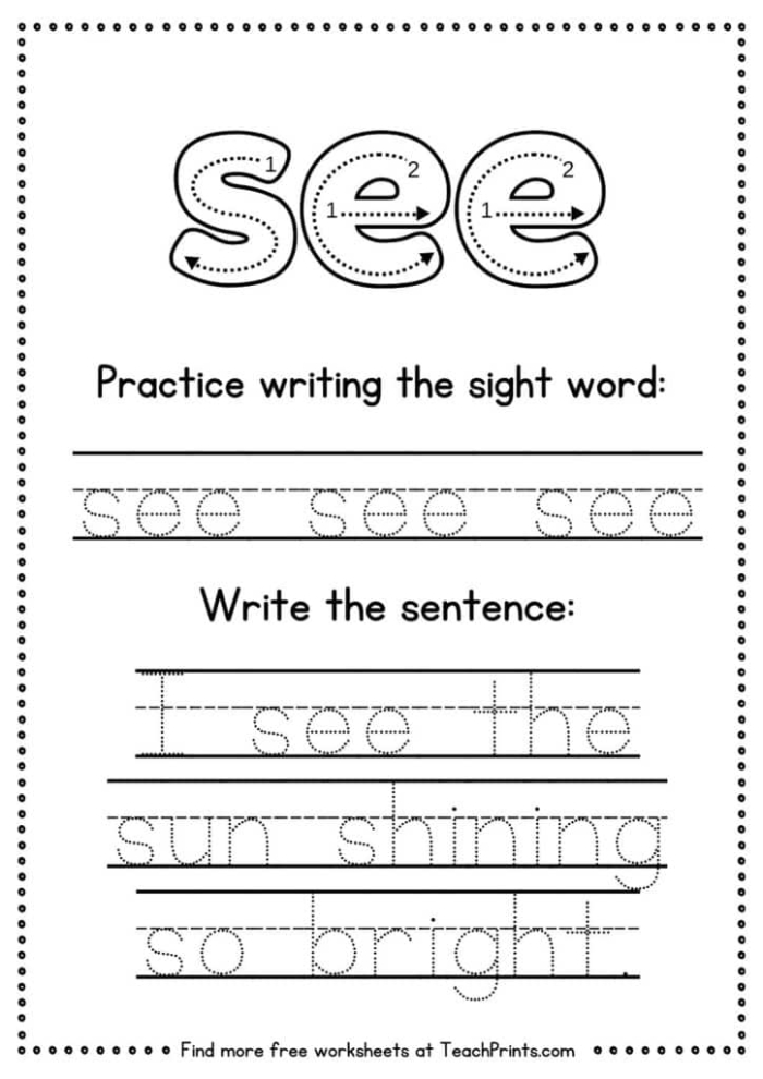Write the Sight Words See Worksheet Number 22 Kindergarten worksheet for practicing writing the sight word see through tracing and sentence building