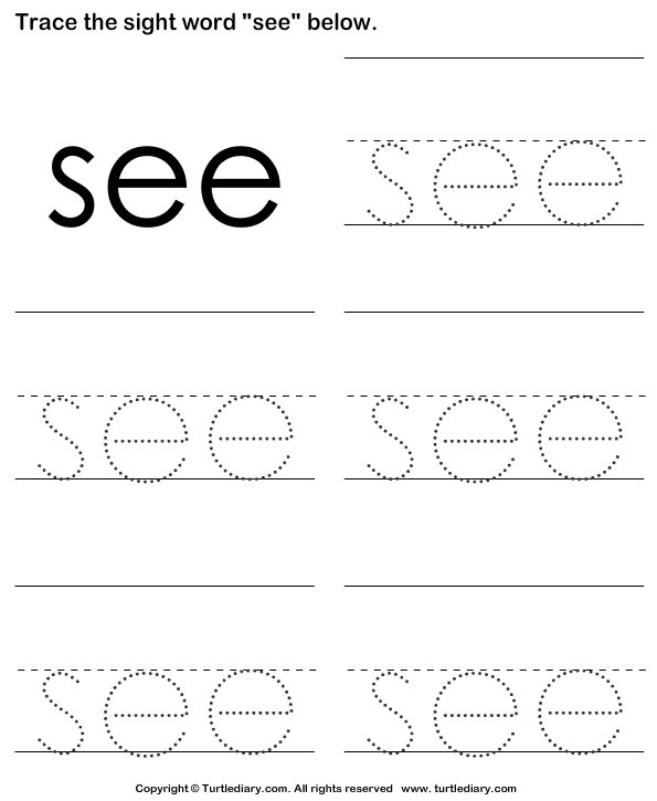 Learn to write the sight word see with this educational kindergarten activity sheet Kindergarten worksheet for practicing the sight word see with tracing and sentence building exercises